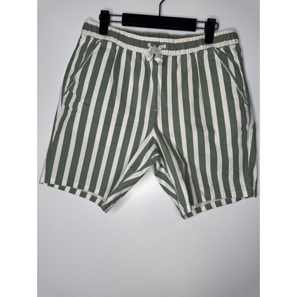 Asos Pull On Shorts Mens 34 Green Striped Drawstring Stretch Elastic Waist 8”
